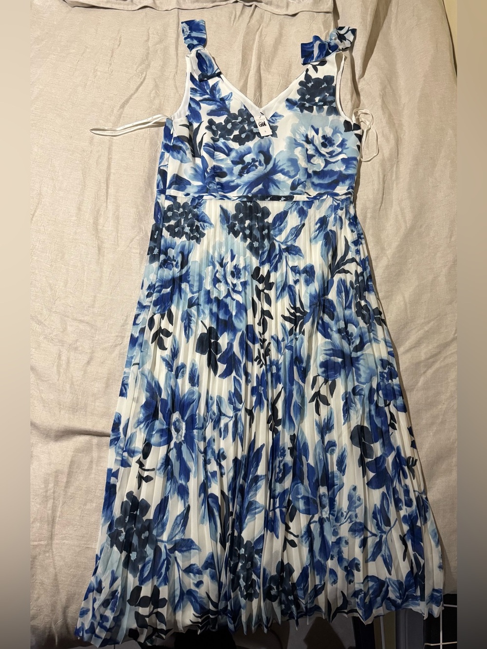 Talbots Blue White Floral Pleated Midi Dress Size 8 Sleeveless Tie Shoulder Nwt
